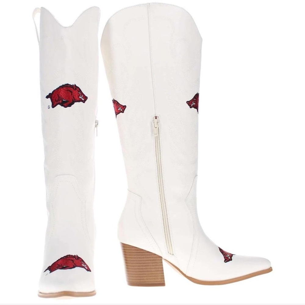 White Heeled Boots with Red Accents